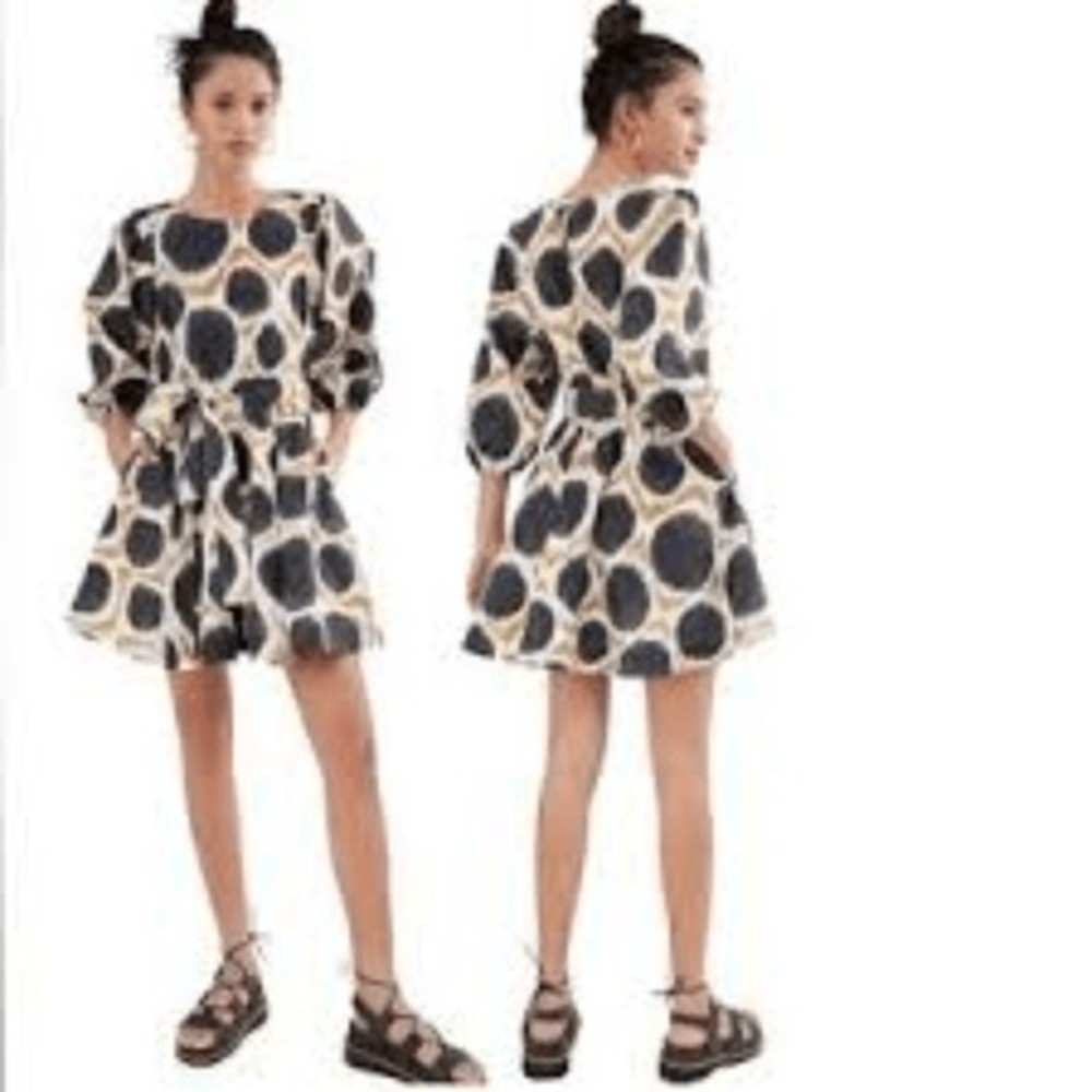 Maeve Anthropologie Ikat Polka Dot Puff Sleeve Mini Dress Small Black Tan Pocket